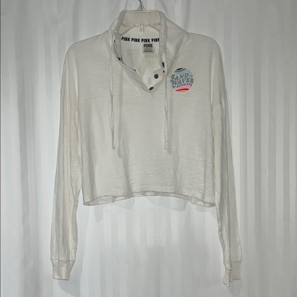 PINK Victoria's Secret White Crop Logo Top w/ Button Up Collar Details